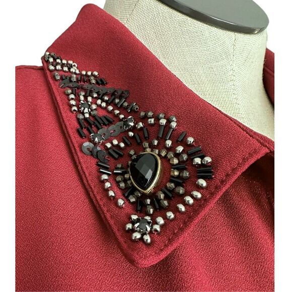 Susan Graver Artisan Women's Red Beaded Collar Button Long Sleeve Blouse Size XL - Picture 3 of 8